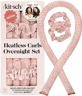 Kitsch Satin Heatless Curls Overnight Set front view with curling rod and scrunchies