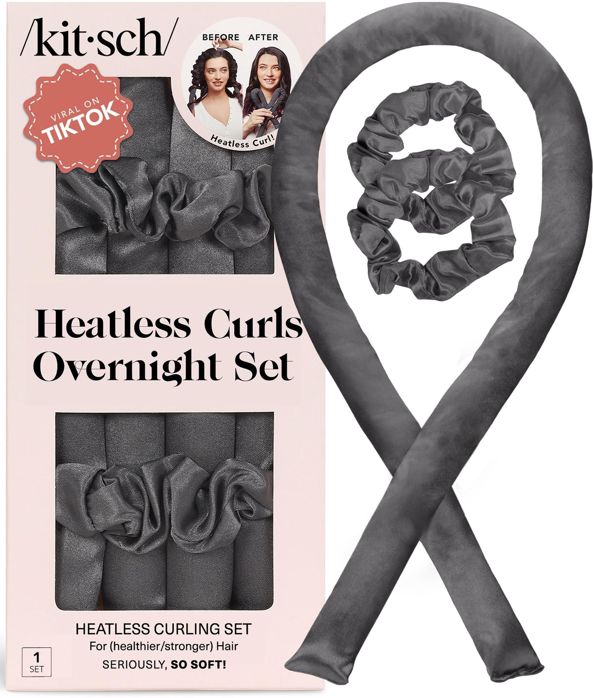 Kitsch Satin Heatless Curls Overnight Set in charcoal colour