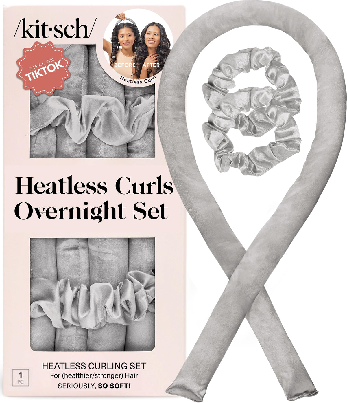 Kitsch Satin Heatless Curls Overnight Set in silver with curling rod and scrunchies