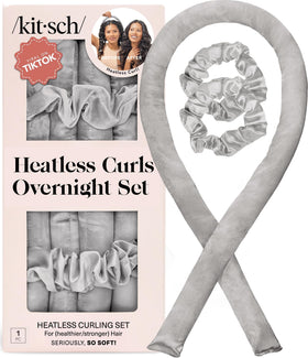 Kitsch Satin Heatless Curls Overnight Set in silver with curling rod and scrunchies