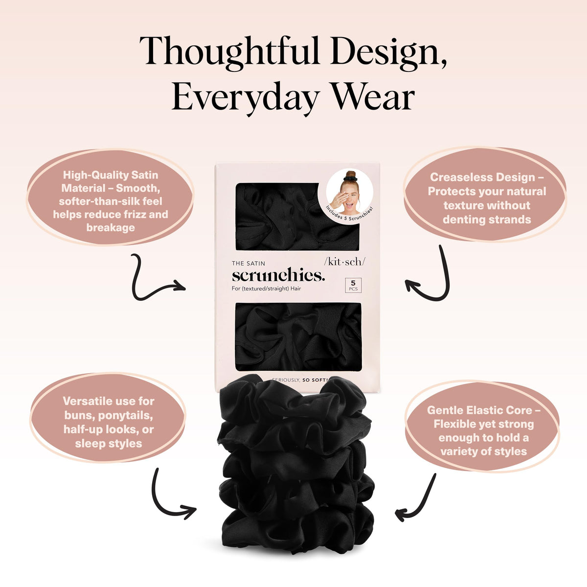 Kitsch Satin Scrunchies black showing smooth texture