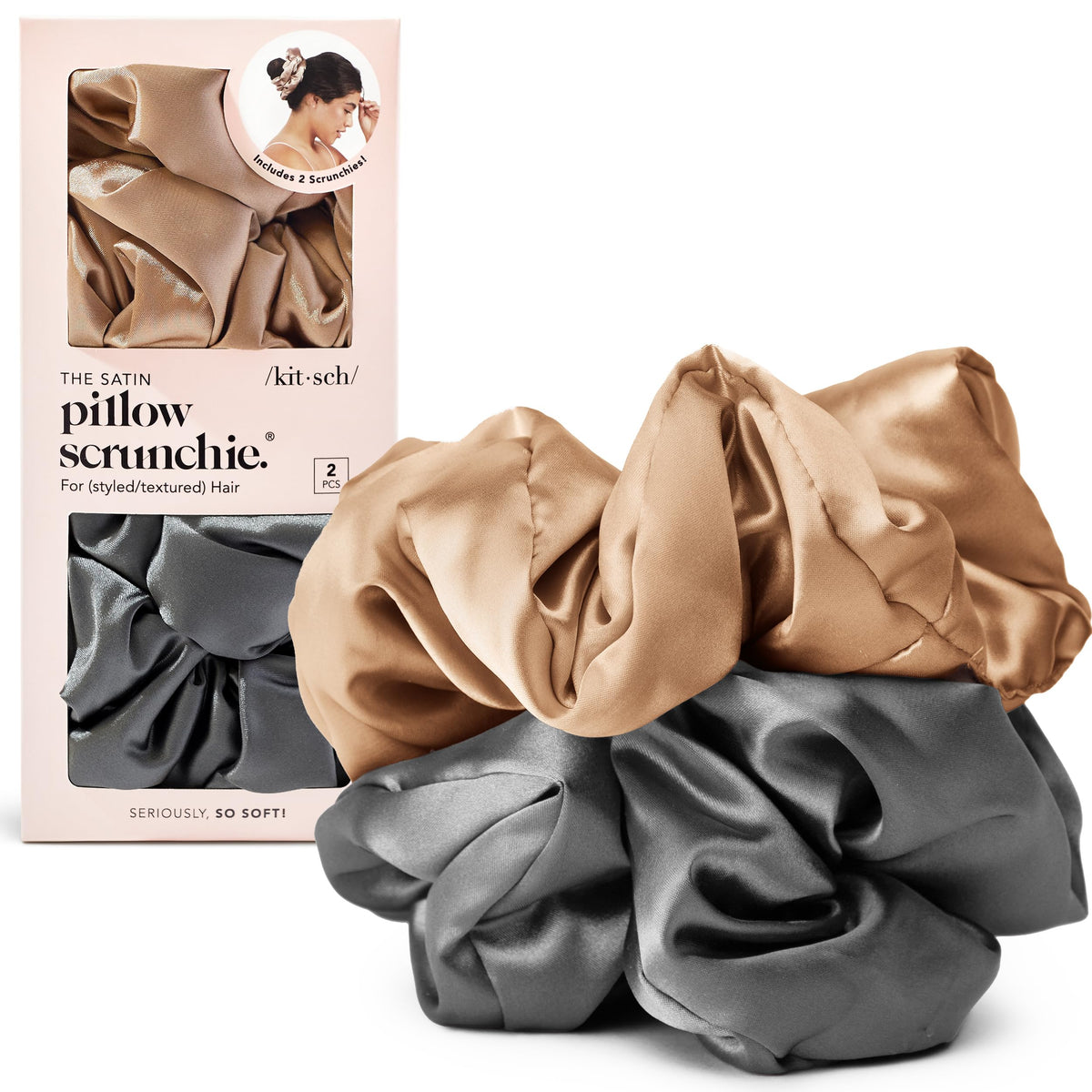 Kitsch Satin Scrunchies Charcoal & Gold front view