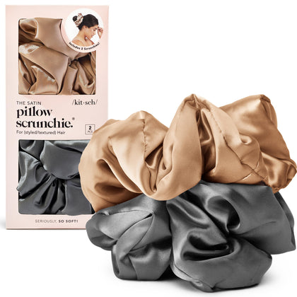 Kitsch Satin Scrunchies Charcoal & Gold front view