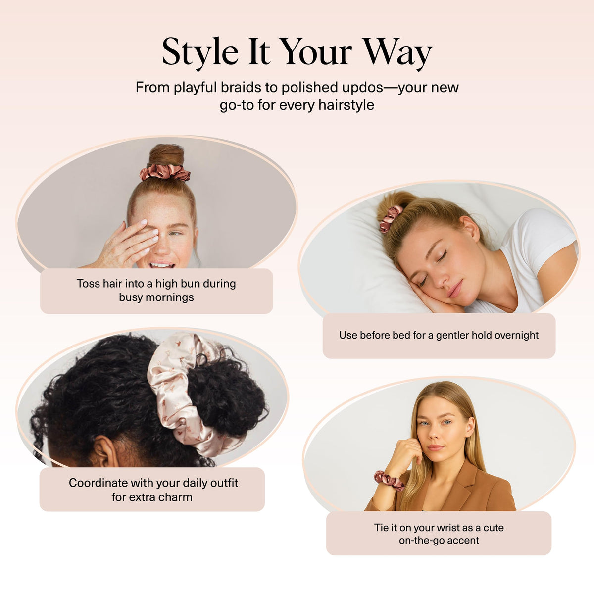 Kitsch satin scrunchies in assorted Cameo tones