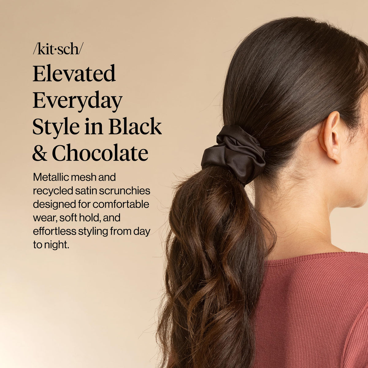 Kitsch Satin Scrunchies in black and chocolate on a table