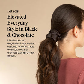 Kitsch Satin Scrunchies in black and chocolate on a table