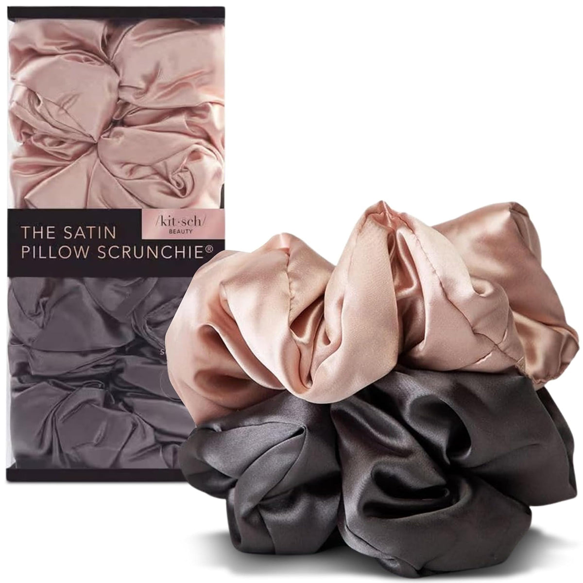 Kitsch Satin Scrunchies in Blush and Charcoal front view
