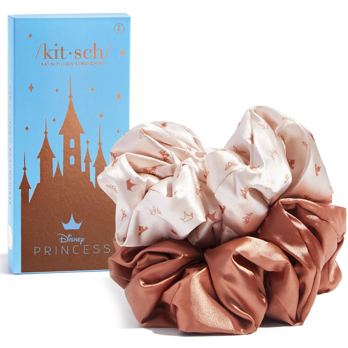 Kitsch satin scrunchies in bronze and creamy crown print front view