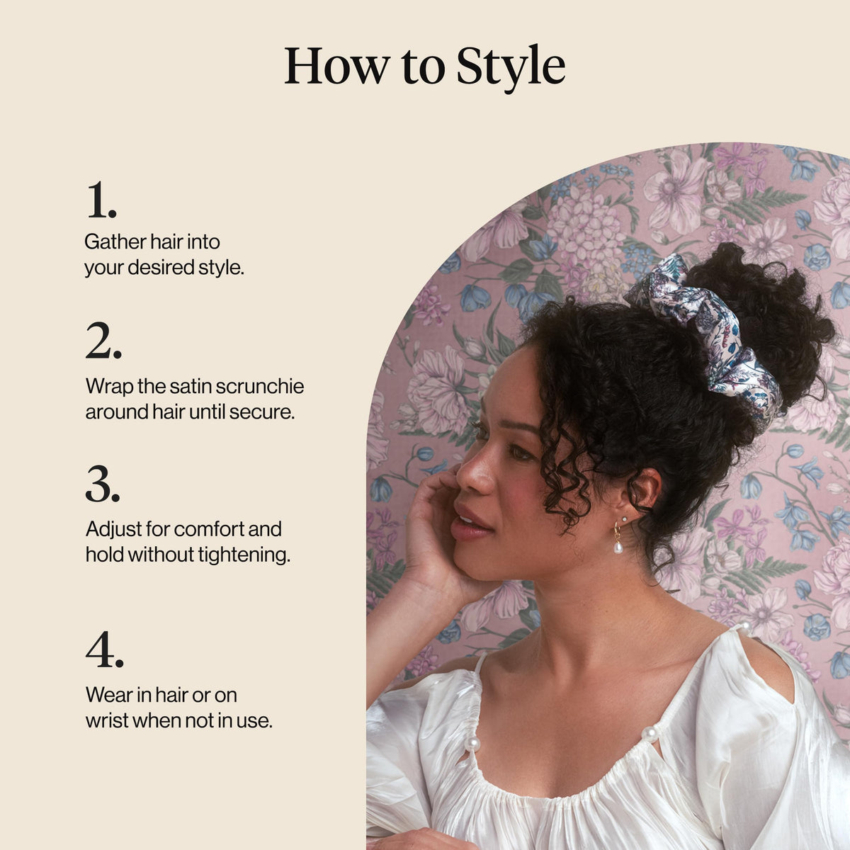 Kitsch Satin Scrunchies Toile De Blue in a hair bun