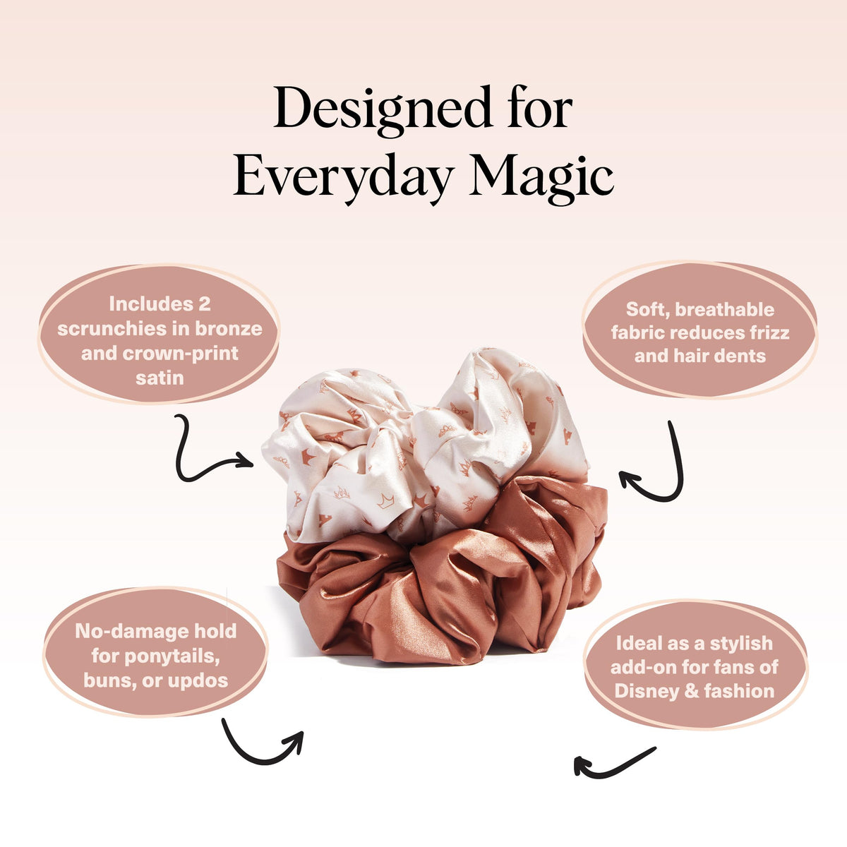 Kitsch satin scrunchies worn in a ponytail