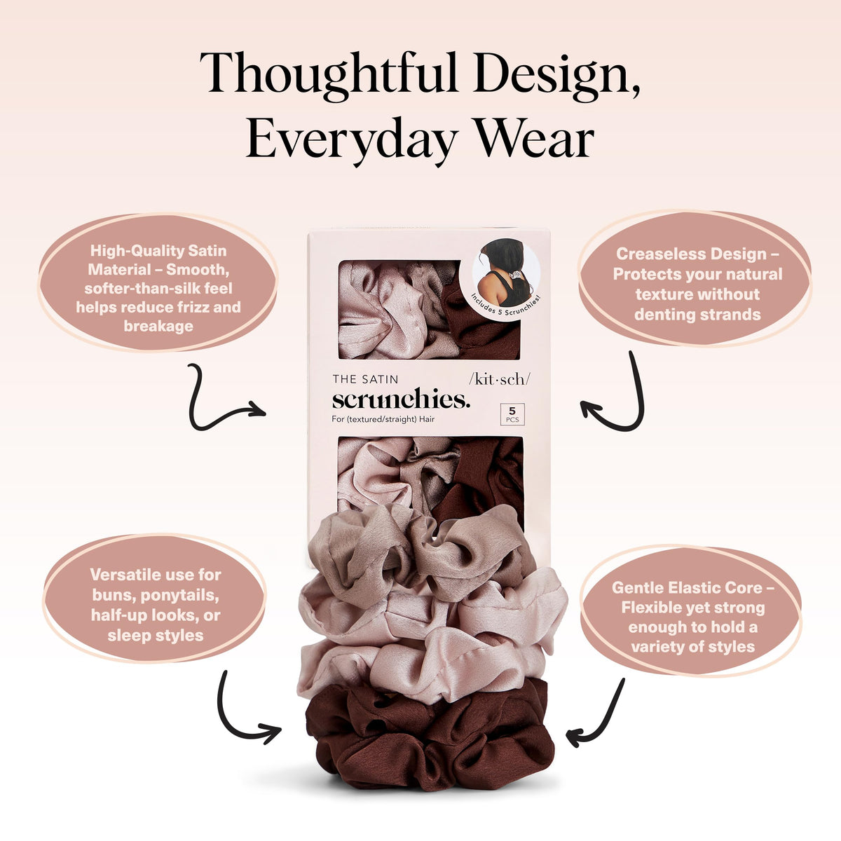 Kitsch Satin Scrunchies worn in a ponytail