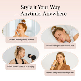Kitsch satin scrunchies worn in a ponytail