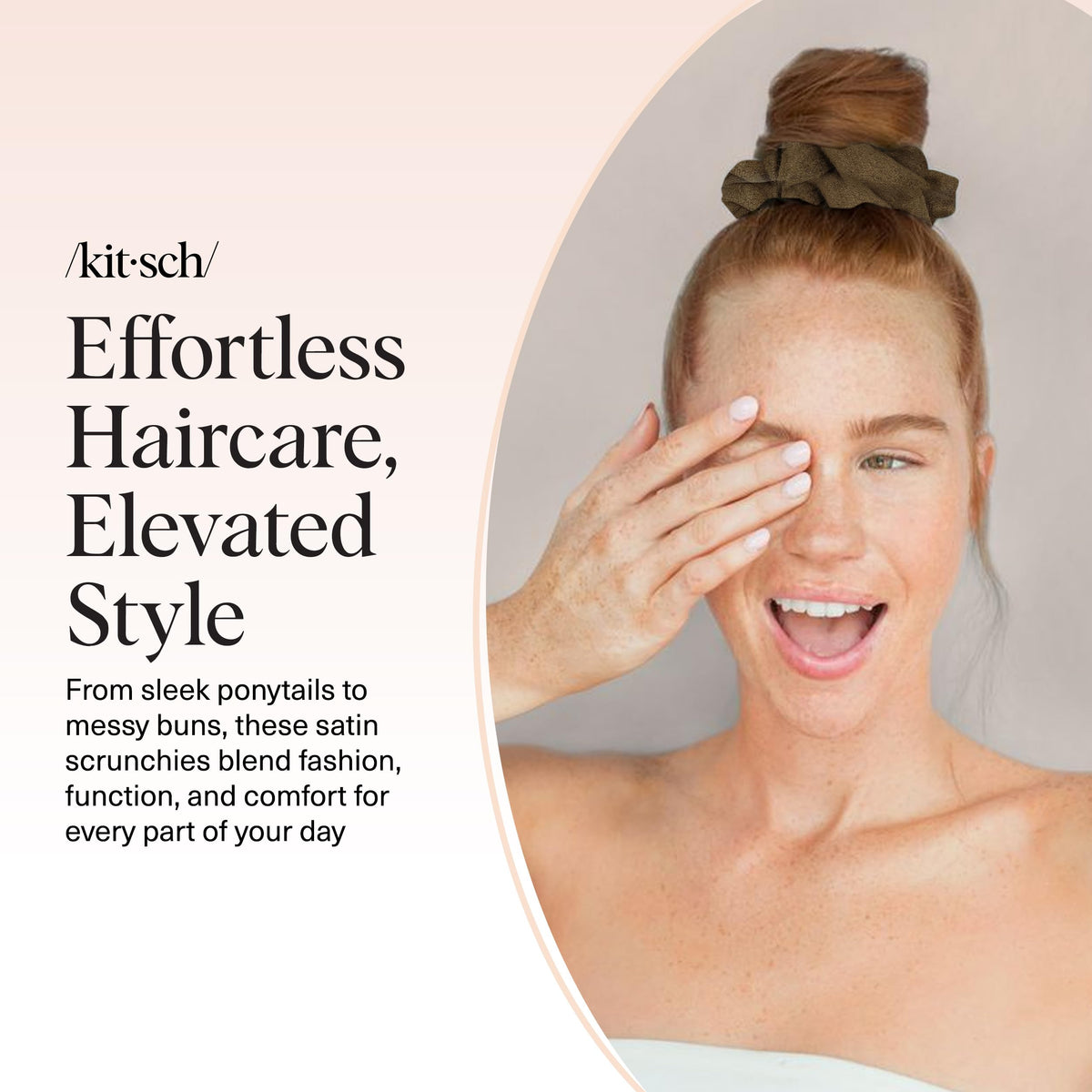 Kitsch scrunchies worn in a bun hairstyle