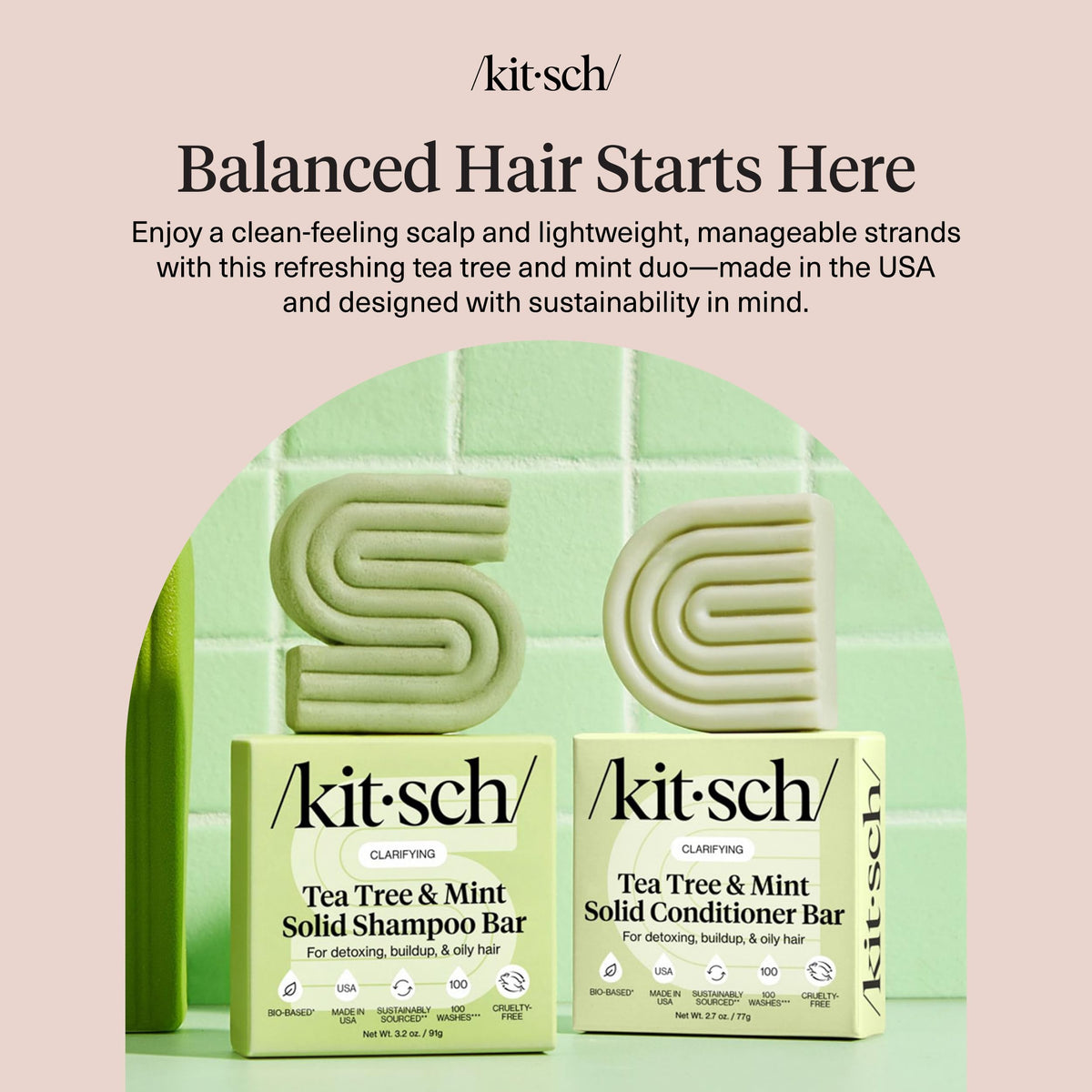 Kitsch Tea Tree Shampoo and Conditioner Set displayed on a bathroom shelf