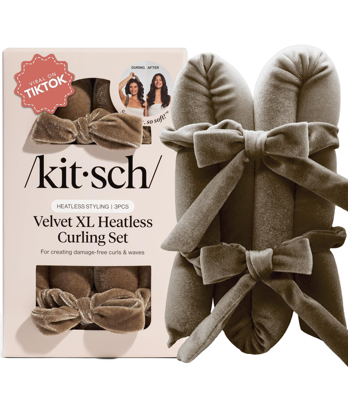 Kitsch Velvet Heatless Curls Overnight Set in Eucalyptus with curling rod and scrunchies