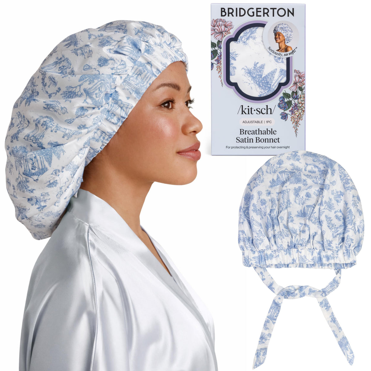 Kitsch x Bridgerton Satin Bonnet front view in Garden Toile pattern
