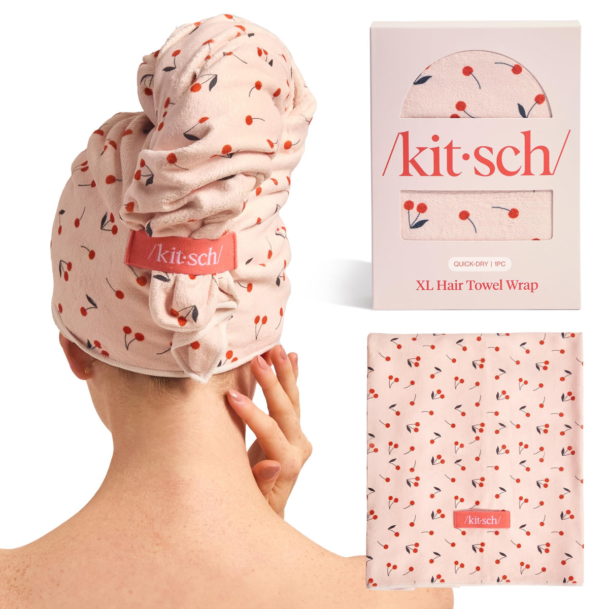 Kitsch XL Microfiber Hair Towel Wrap Cherry Print front view