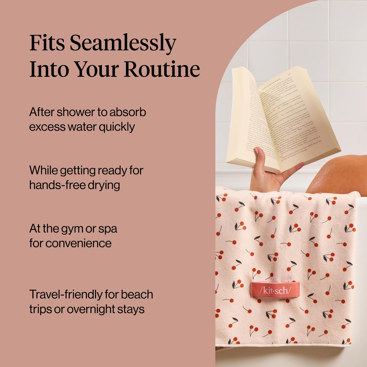 Kitsch XL Microfiber Hair Towel Wrap Cherry Print on a bathroom counter