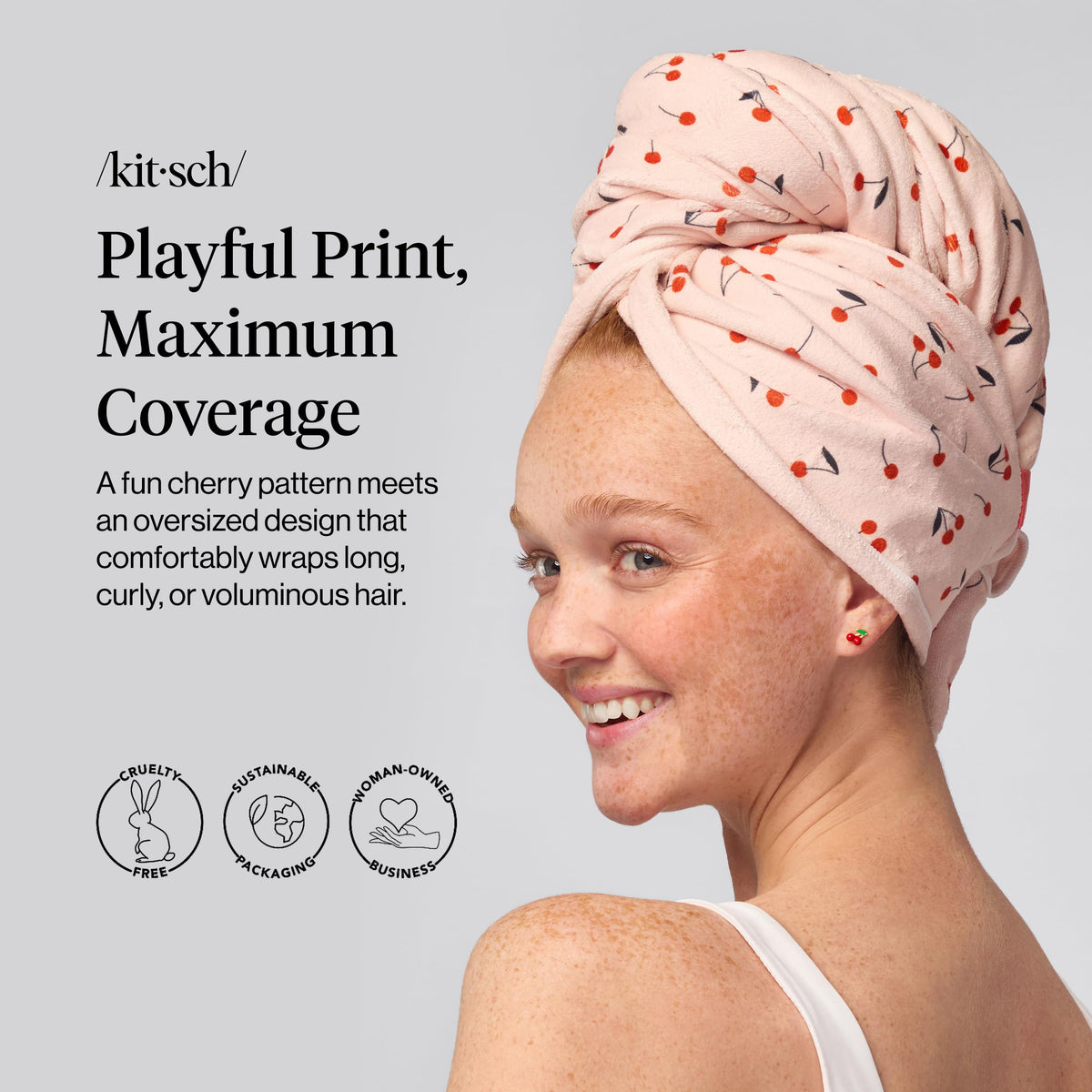 Kitsch XL Microfiber Hair Towel Wrap Cherry Print side view