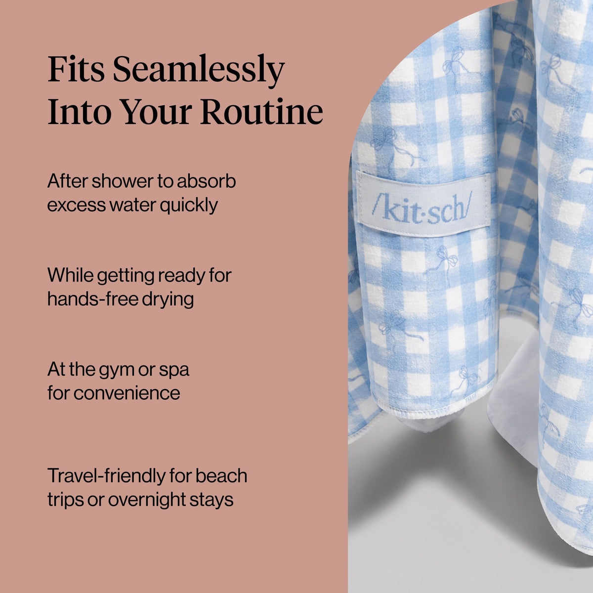 Kitsch XL Microfiber Hair Towel Wrap hanging on a hook
