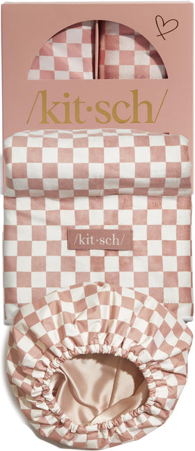 Kitsch XL Microfiber Hair Towel Wrap in blush checker pattern
