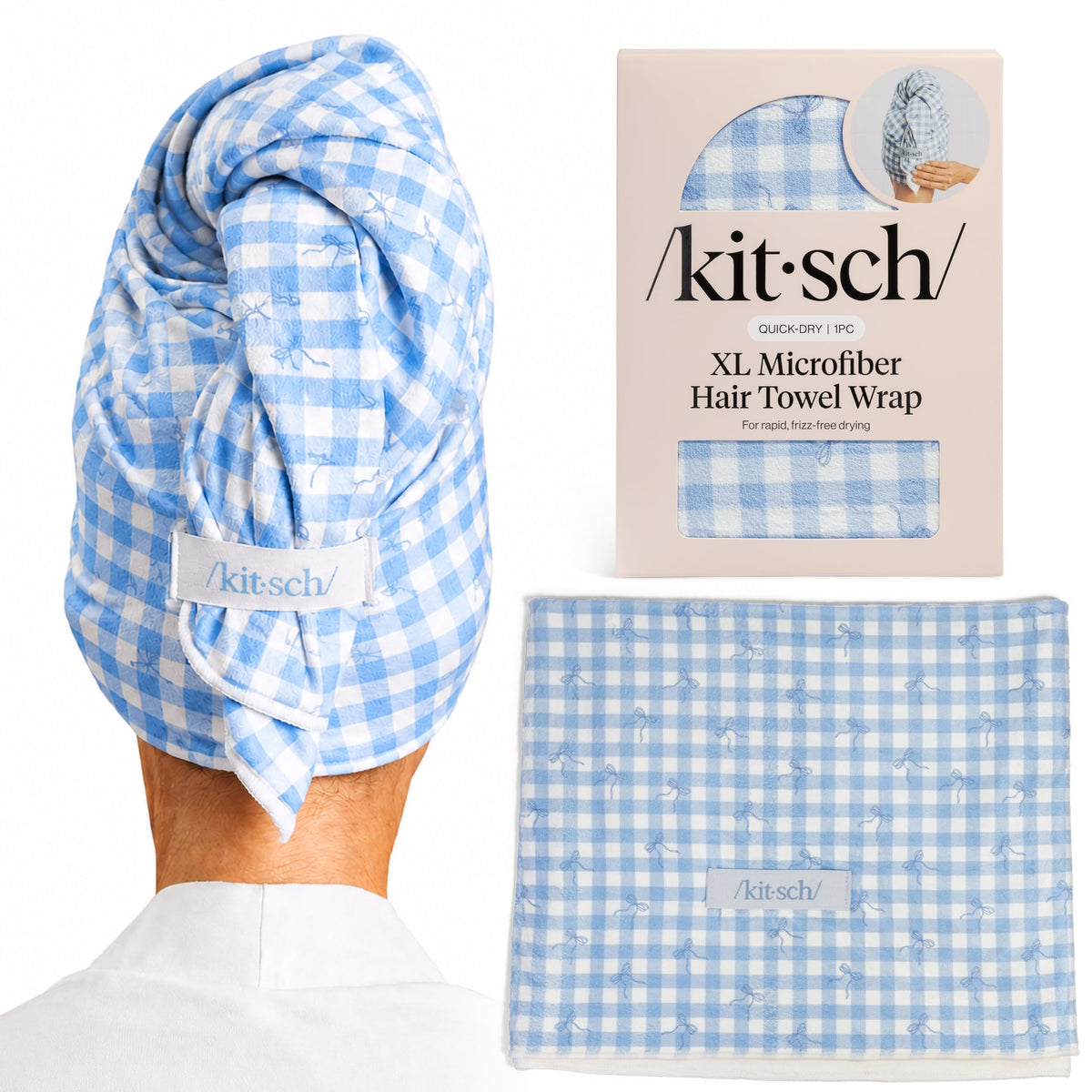 Kitsch XL Microfiber Hair Towel Wrap in Gingham Blue front view