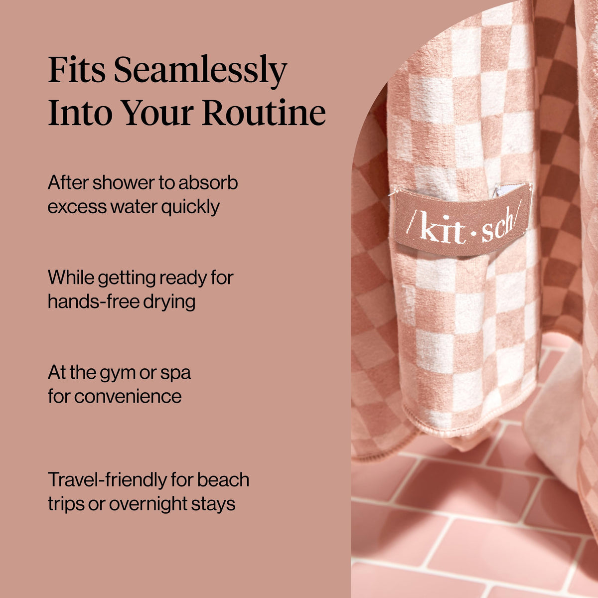 Kitsch XL Microfiber Hair Towel Wrap showing size comparison with a standard towel
