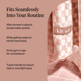 Kitsch XL Microfiber Hair Towel Wrap showing size comparison with a standard towel