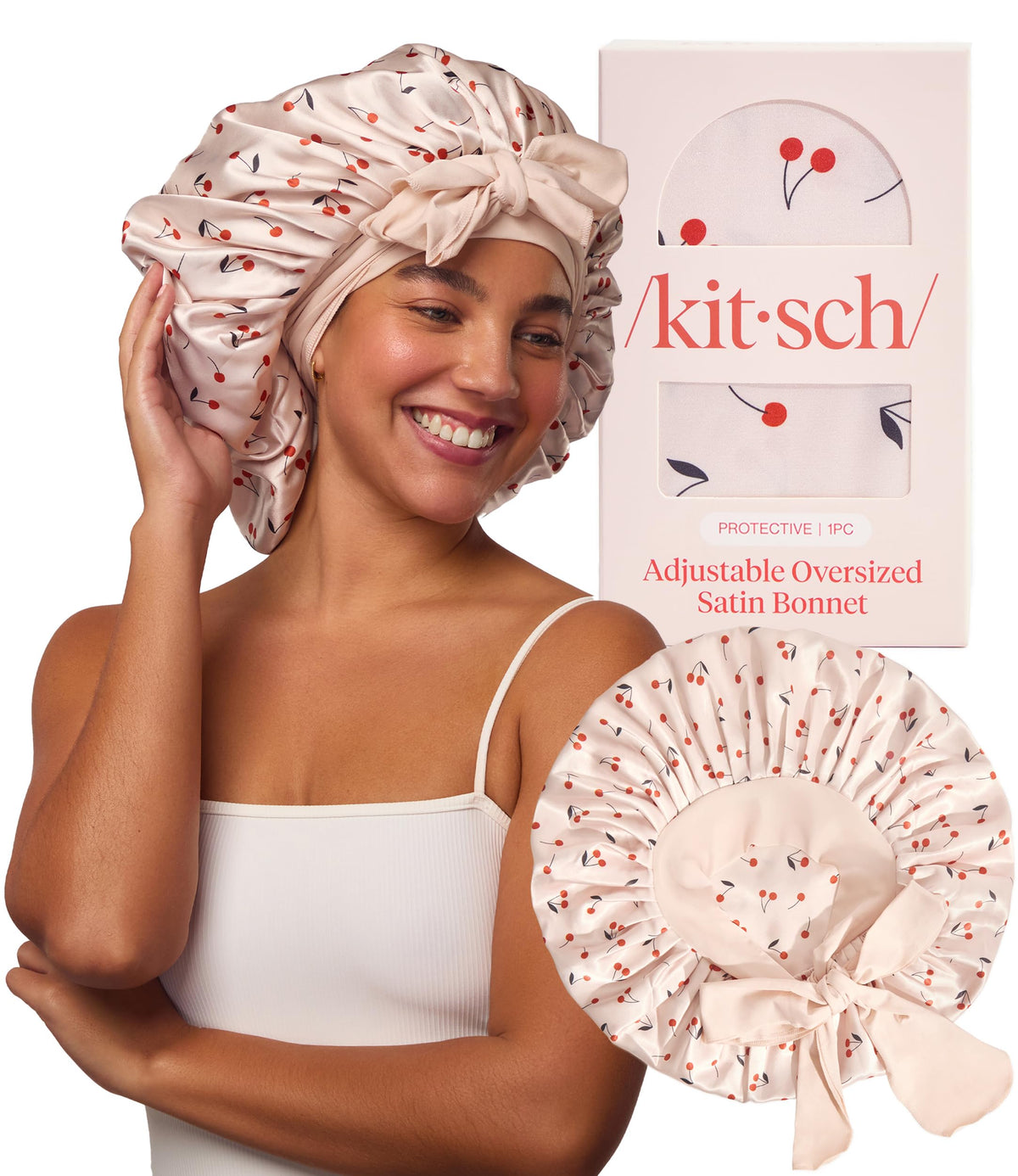 Kitsch XL Satin Bonnet Cherry Print front view