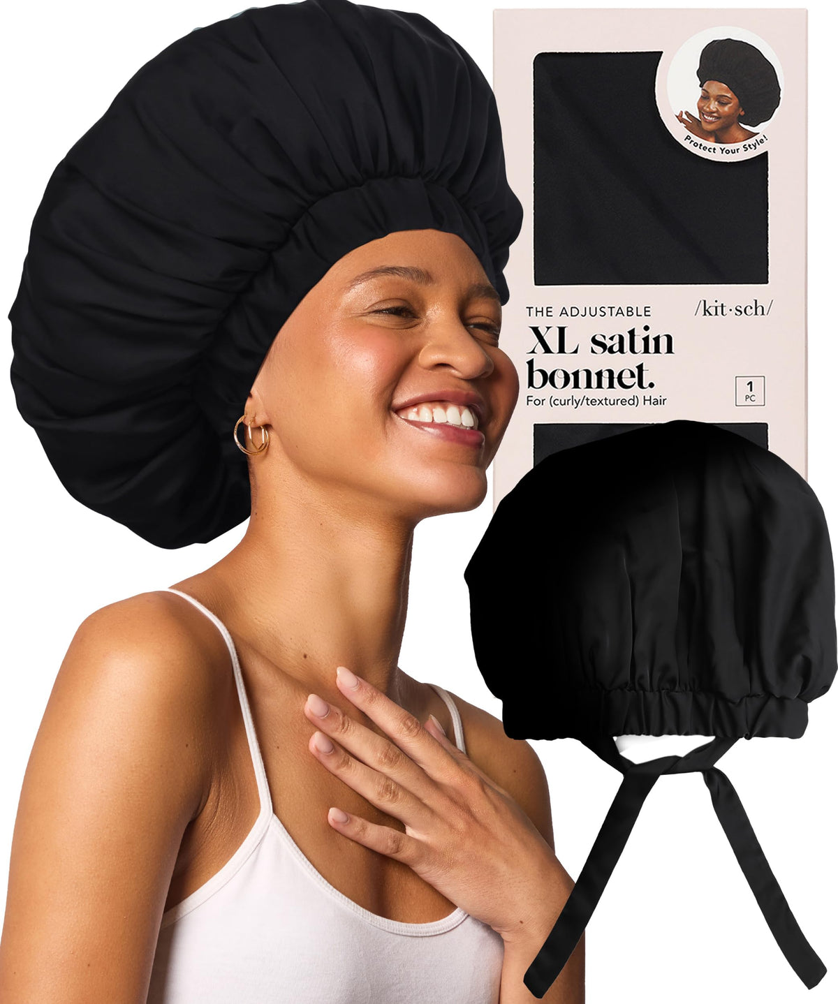 Kitsch XL Satin Bonnet for Sleeping in black, front view