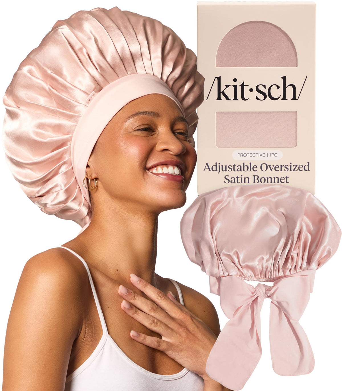 Kitsch XL Satin Bonnet for Sleeping in Blush, front view