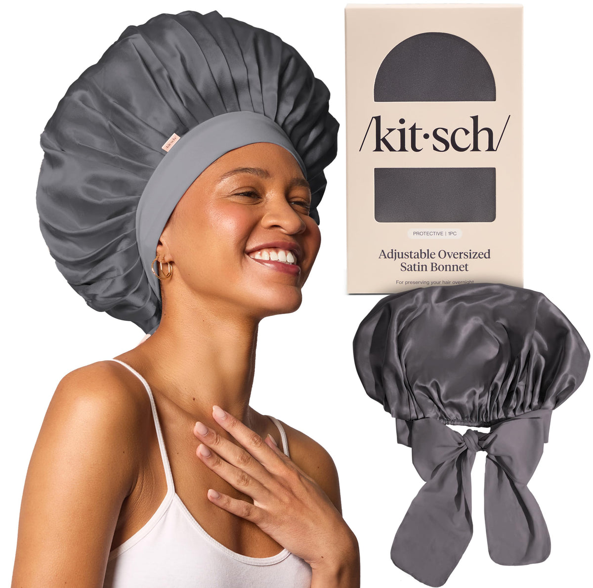 Kitsch XL Satin Bonnet in Charcoal, front view