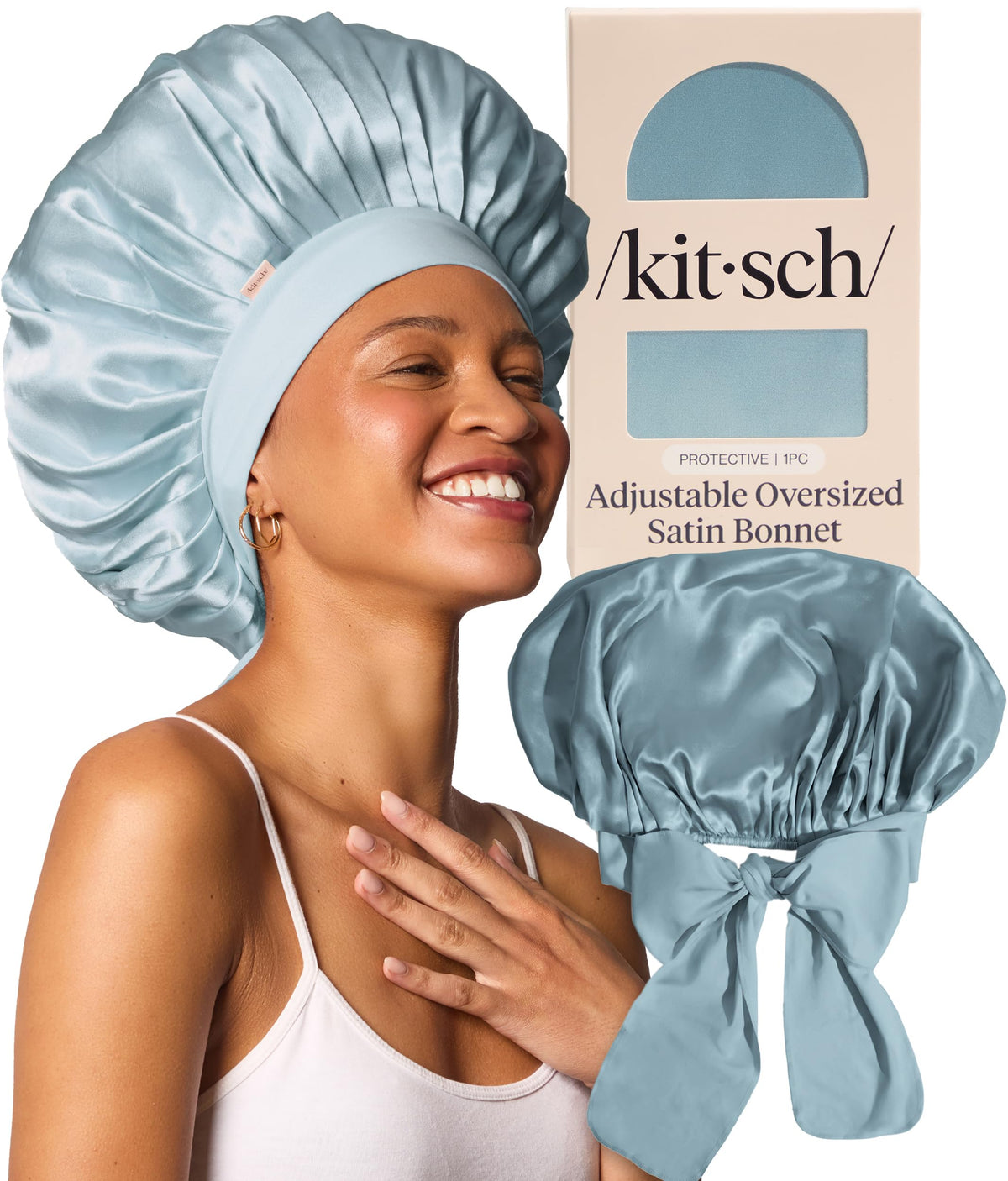 Kitsch XL Satin Bonnet in Haze Blue front view