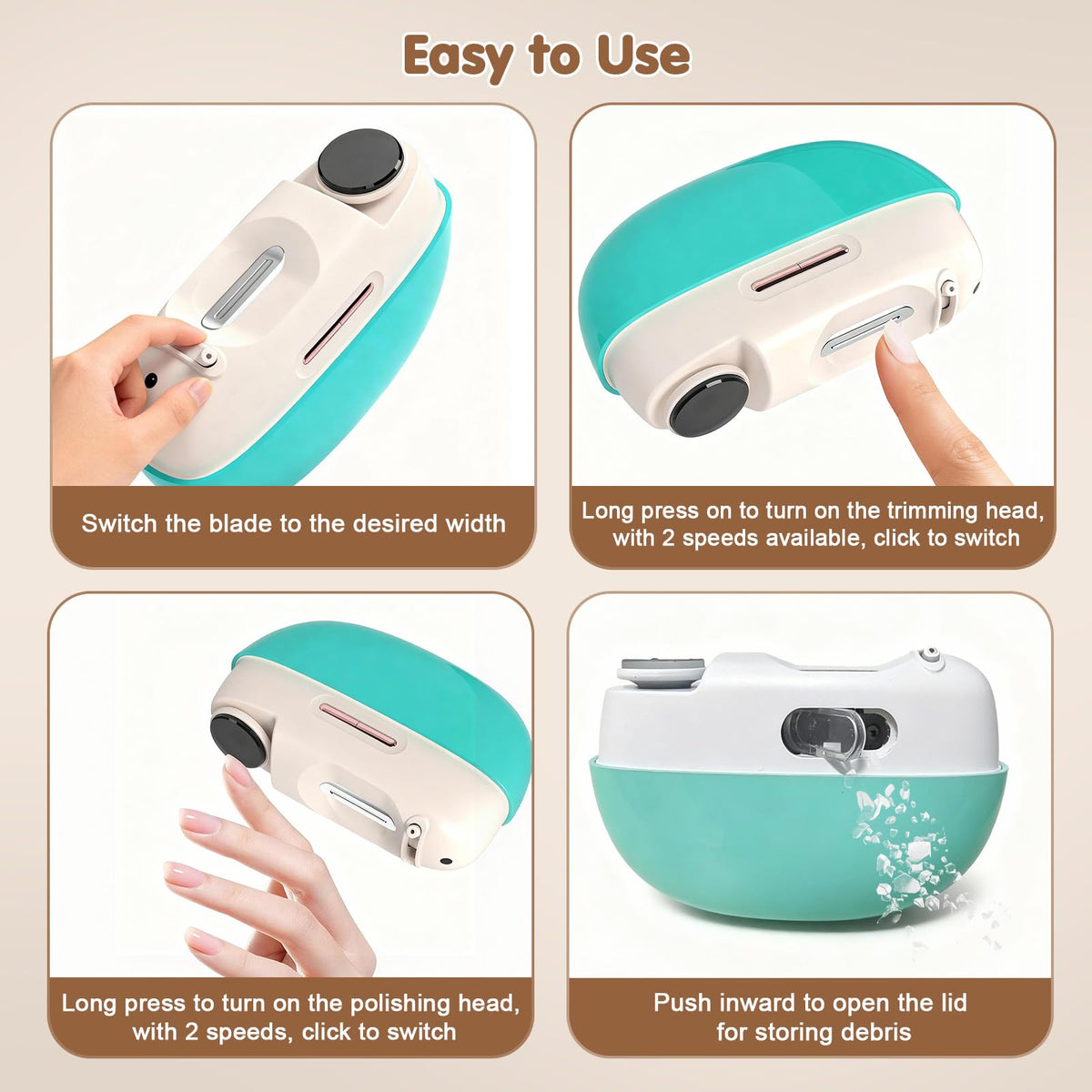 Kiwtreby electric nail clipper demonstrating nail trimming