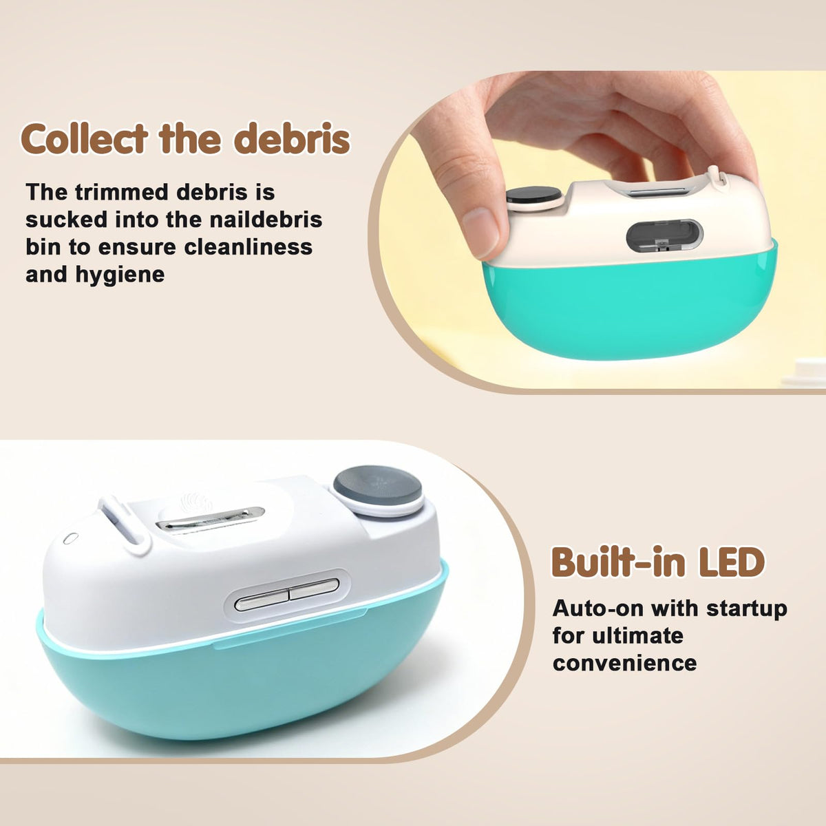 Kiwtreby electric nail clipper showing built-in debris storage