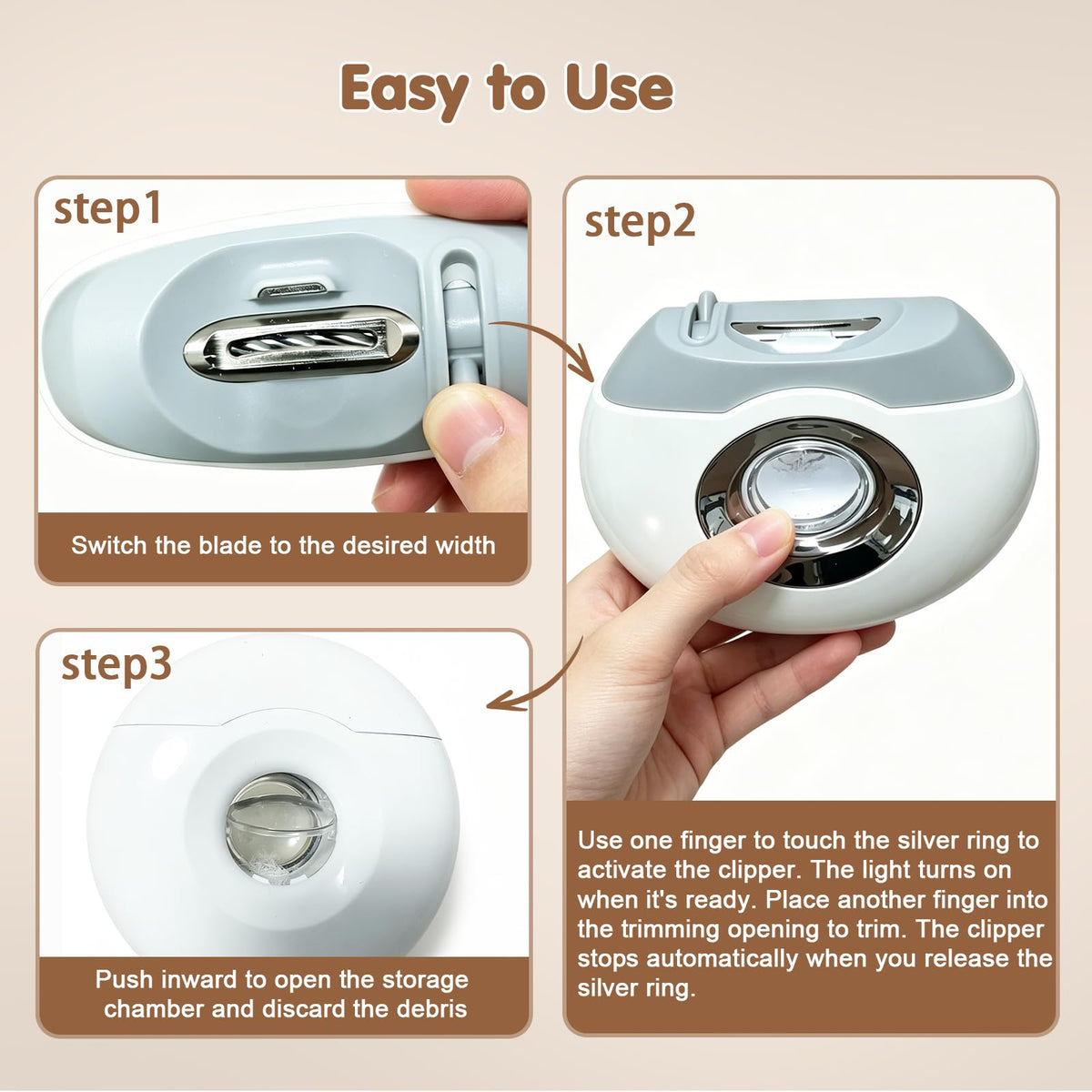 Kiwtreby Electric Nail Clipper side view with ergonomic grip