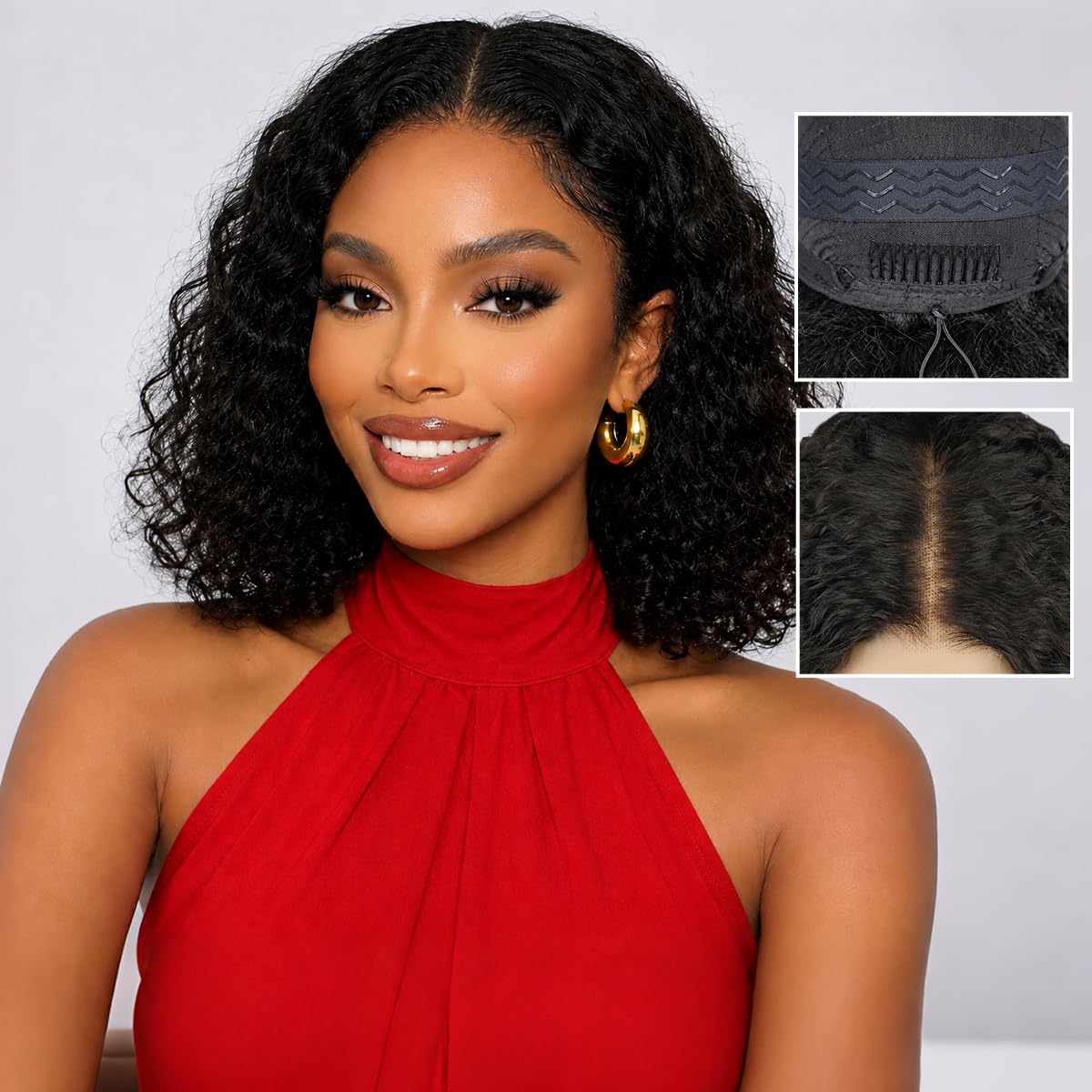 Kkioor Curly Bob Glueless Wig front view with deep wave texture