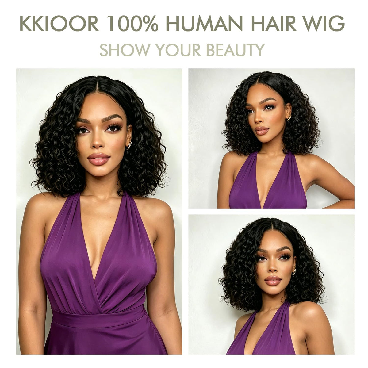 Kkioor Curly Bob Wig side view highlighting the 12-inch length