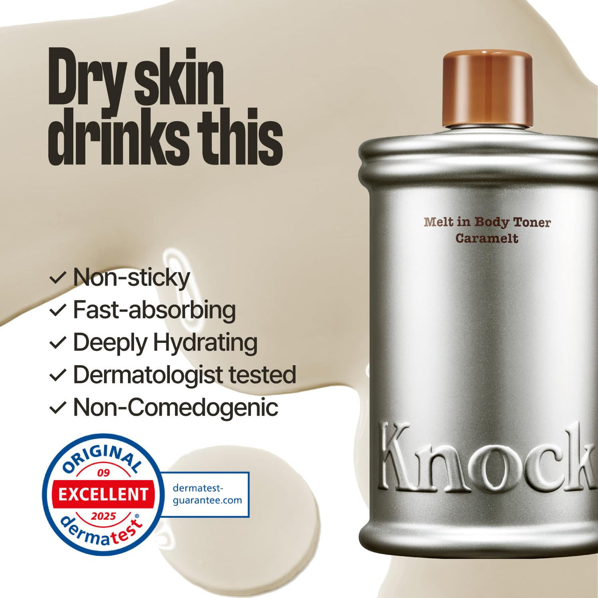 Knock Melt-In Body Toner Caramelt with texture on skin