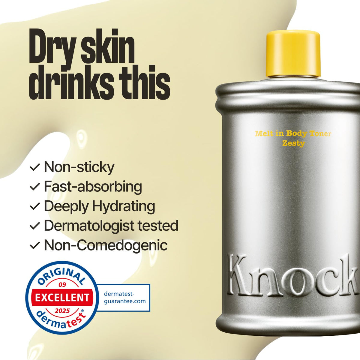 Knock Melt-In Body Toner in Pistachio scent on a bathroom counter