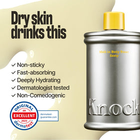 Knock Melt-In Body Toner in Pistachio scent on a bathroom counter