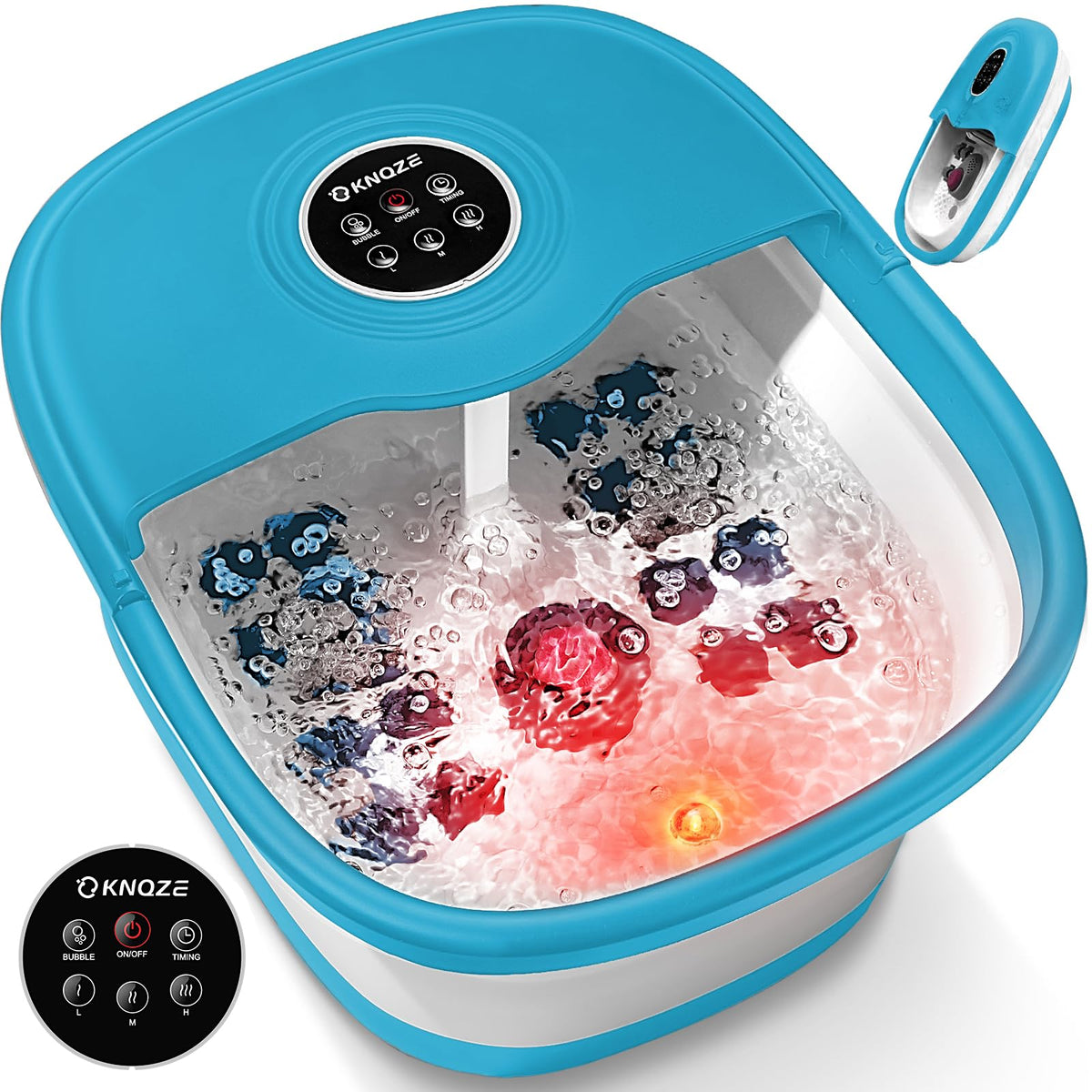 KNQZE Collapsible Foot Spa Bath in blue with massage rollers