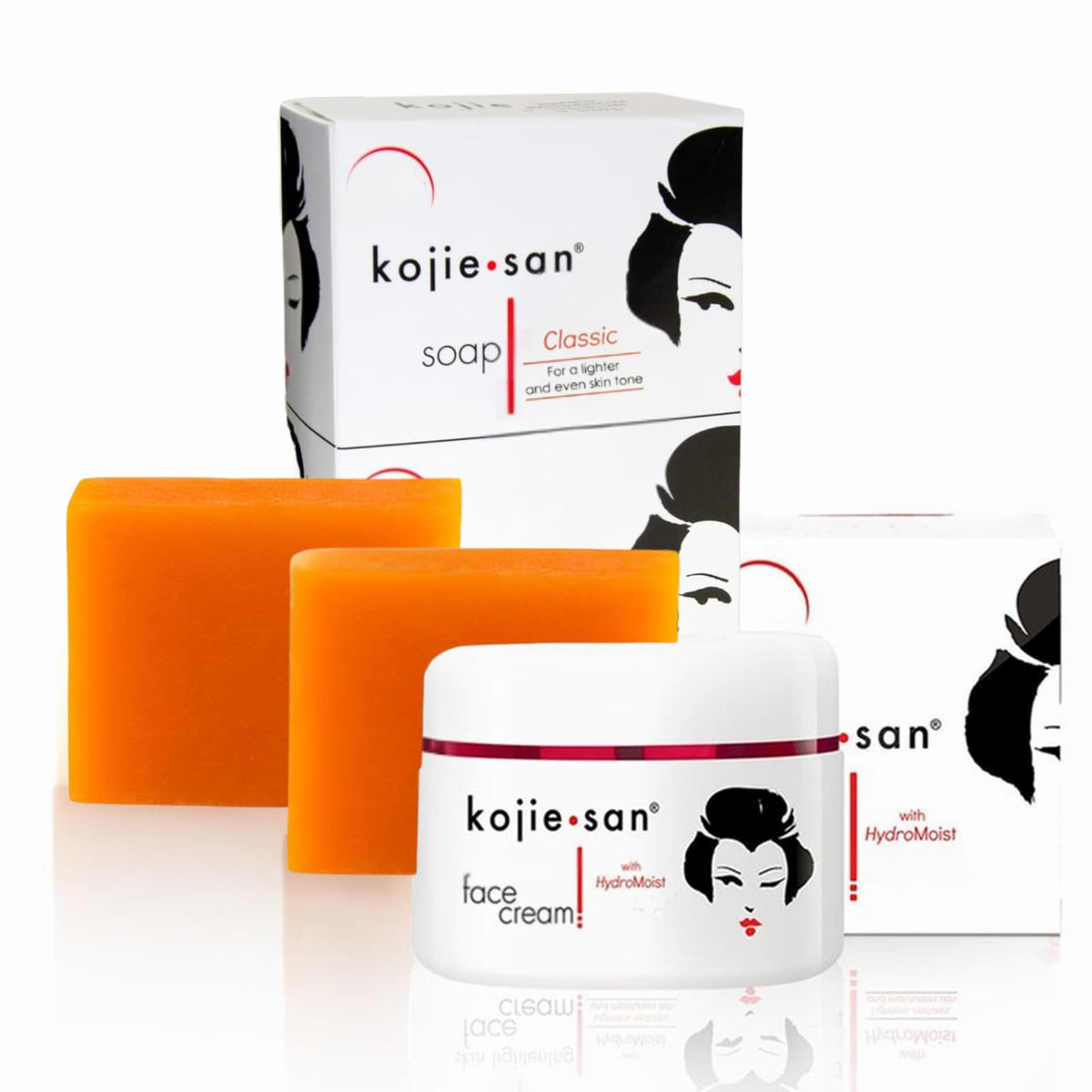 Kojie San Skin and Body Soap Set with two bars and face cream