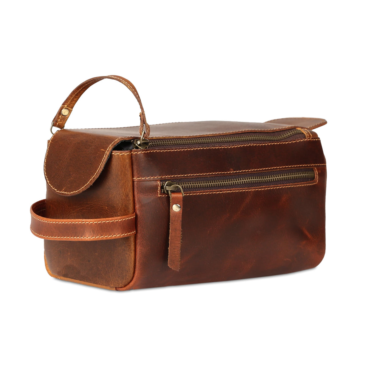 KomalC Buffalo Leather Toiletry Bag front view with YKK zippers
