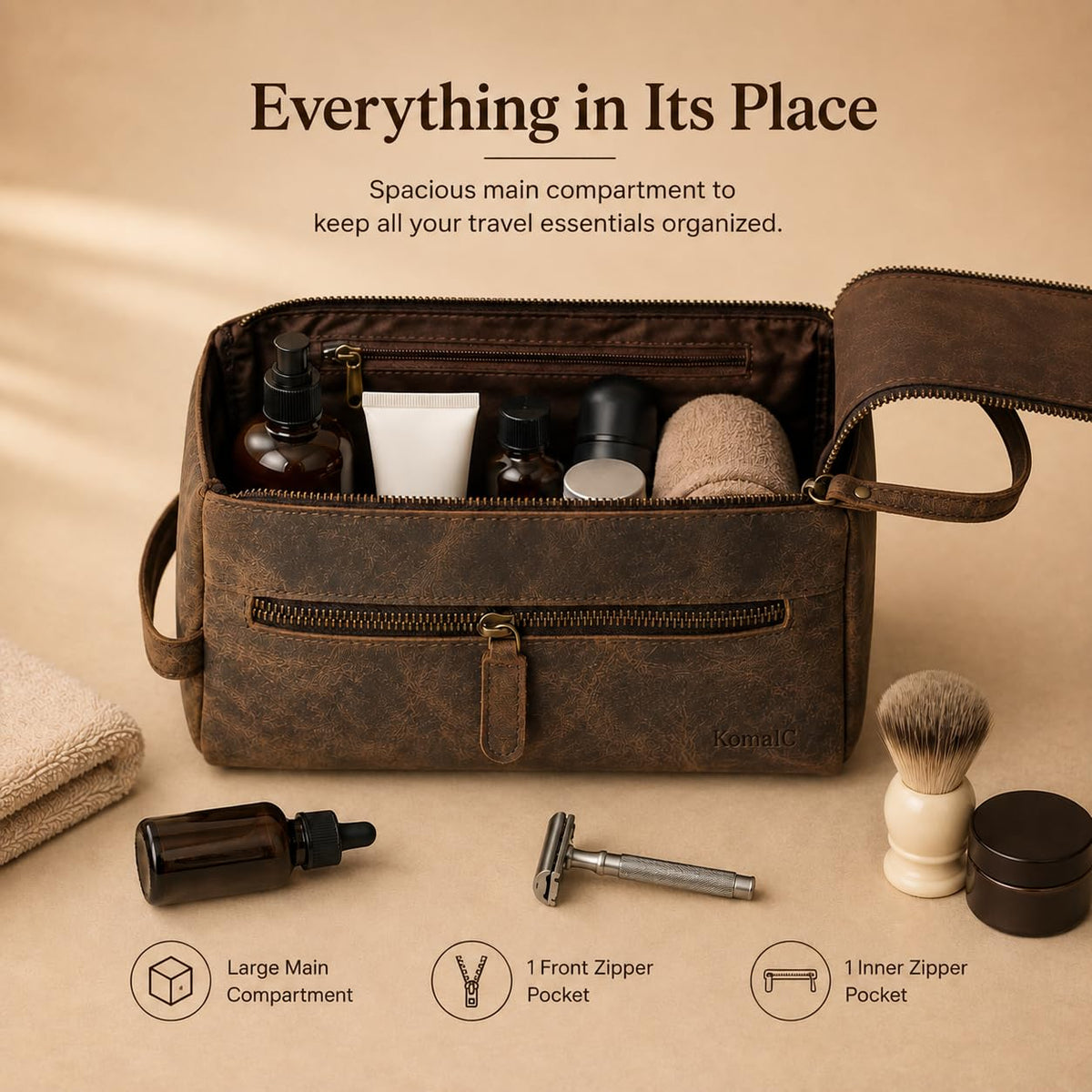 KomalC Buffalo Leather Toiletry Bag interior with water-resistant lining