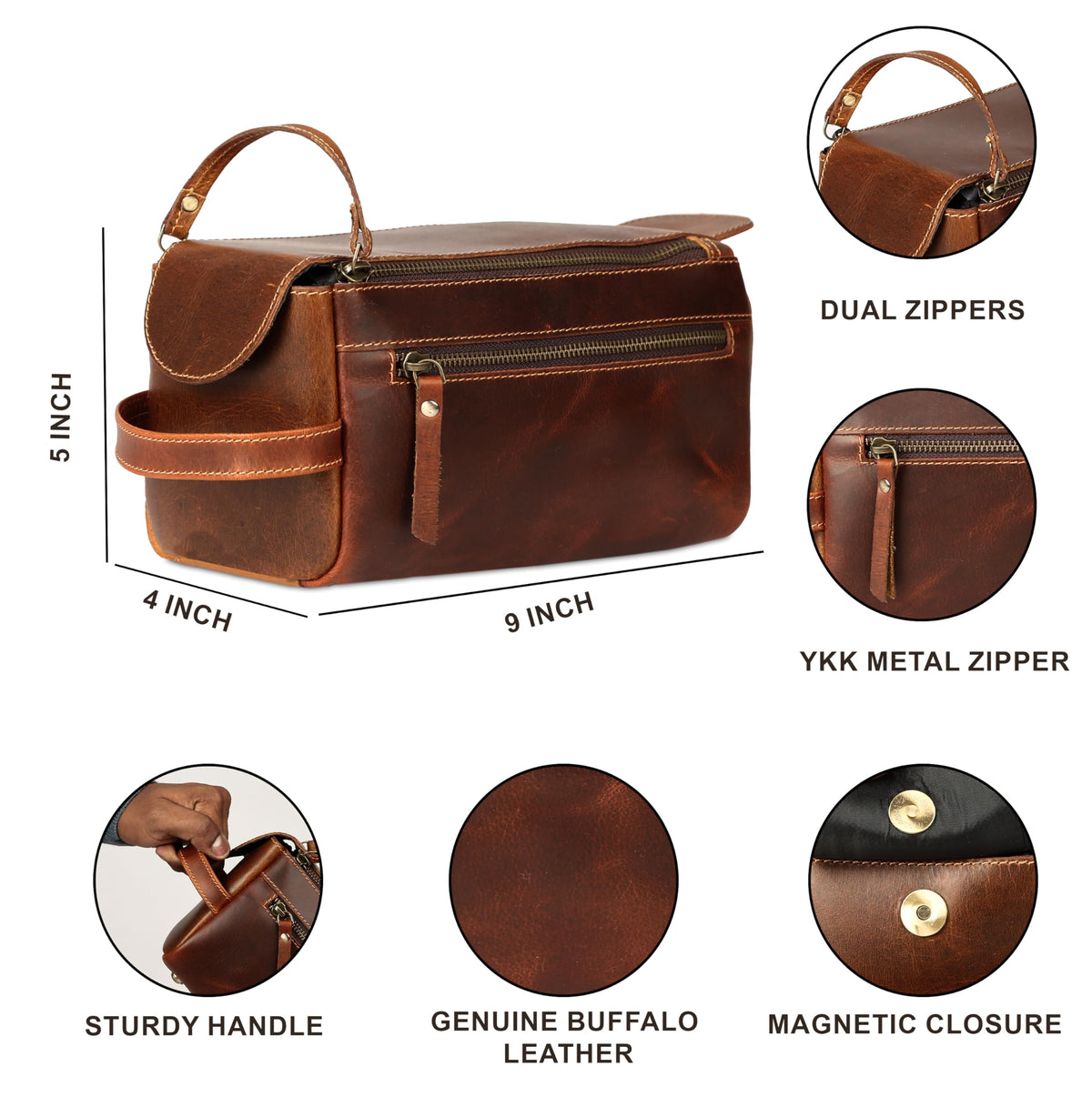 KomalC Buffalo Leather Toiletry Bag lifestyle scene on a bathroom counter