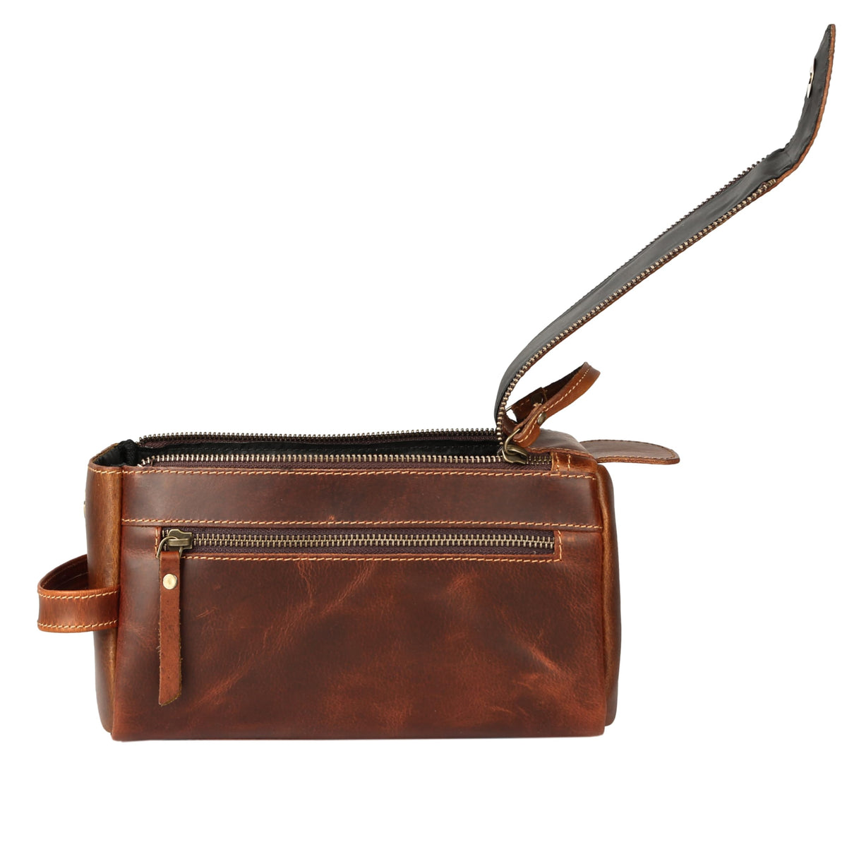 KomalC Buffalo Leather Toiletry Bag opened with toiletries inside