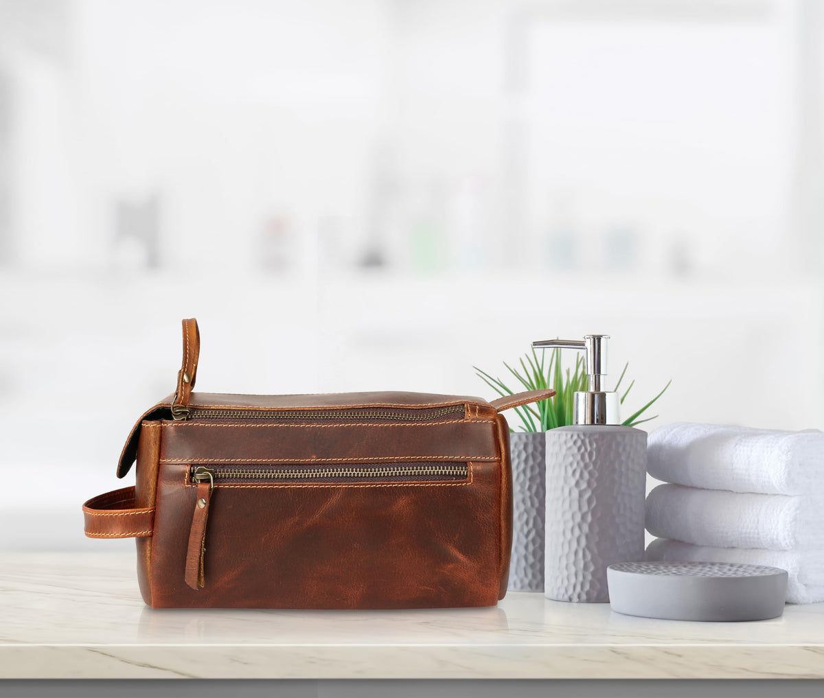 KomalC Buffalo Leather Toiletry Bag packaging display