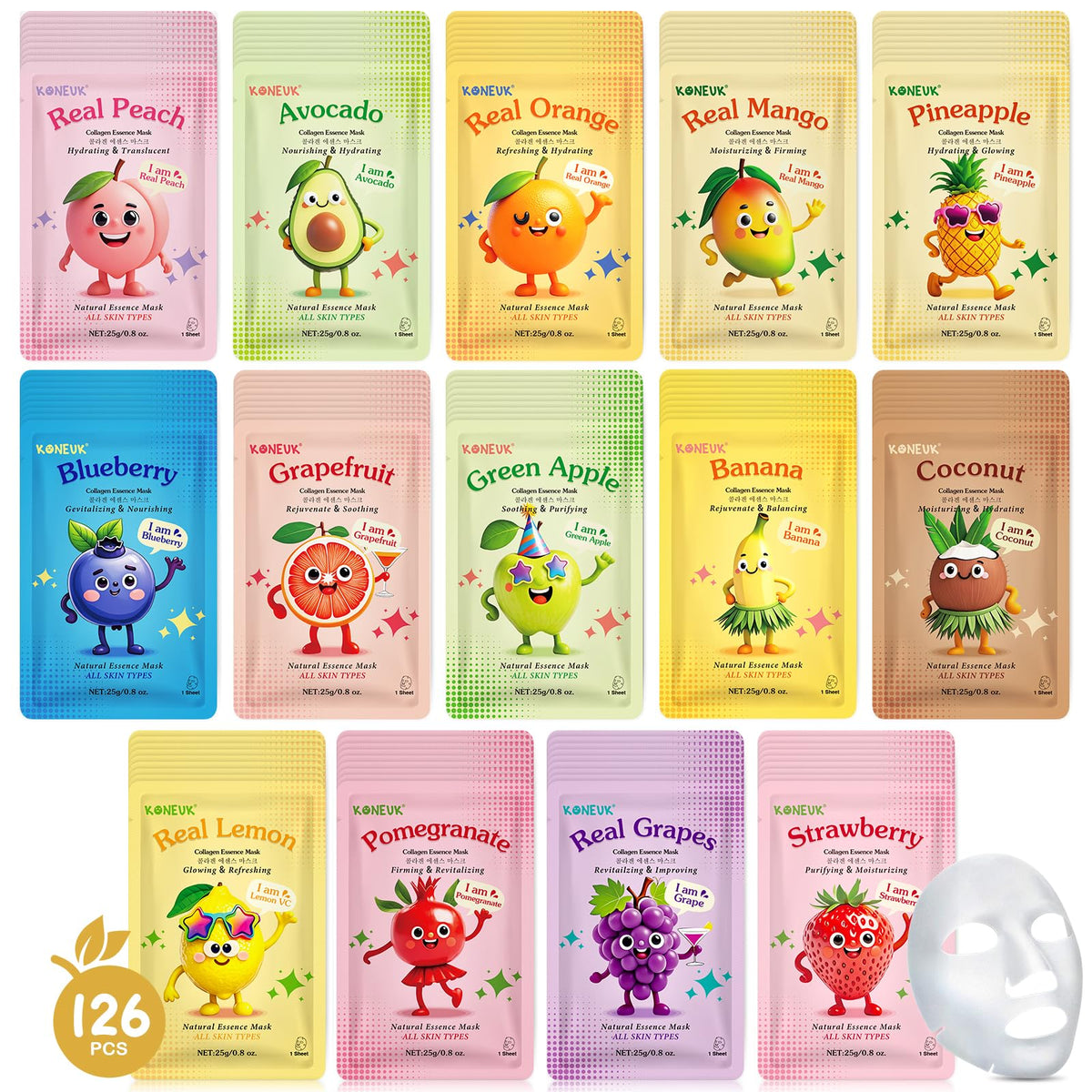 KONEUK 126 Pack Hydrating Face Masks assorted fruit designs front view