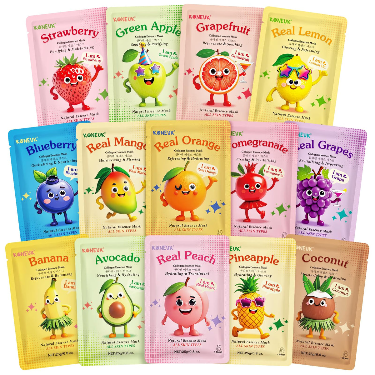 KONEUK 14 Pack Fruit Face Masks assorted designs front view